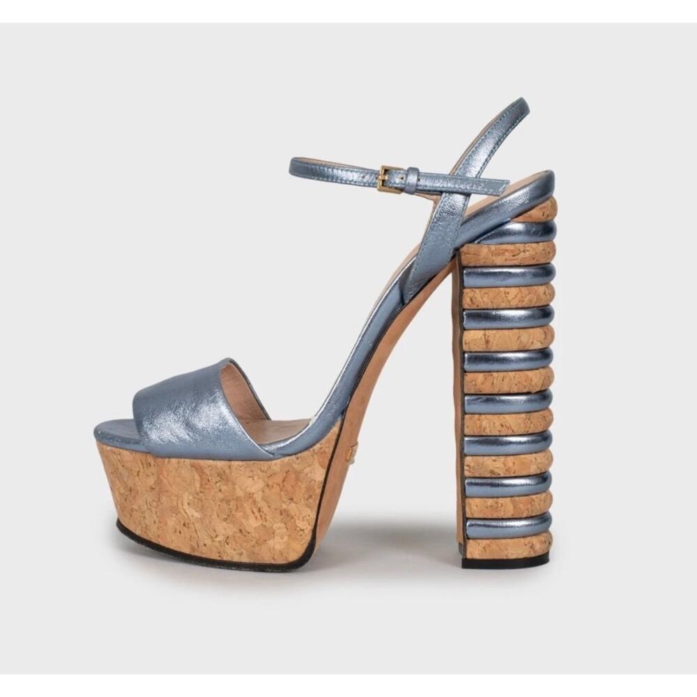 Gucci Blue Leather Mixed Heel  Sandals Sz 35.5
